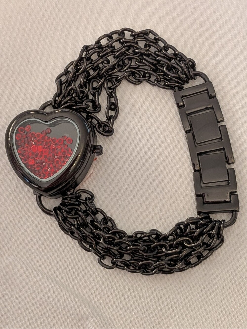 Heart Shaped Locket Watch with Red Crystal Accents and Black Metal Chain (New)